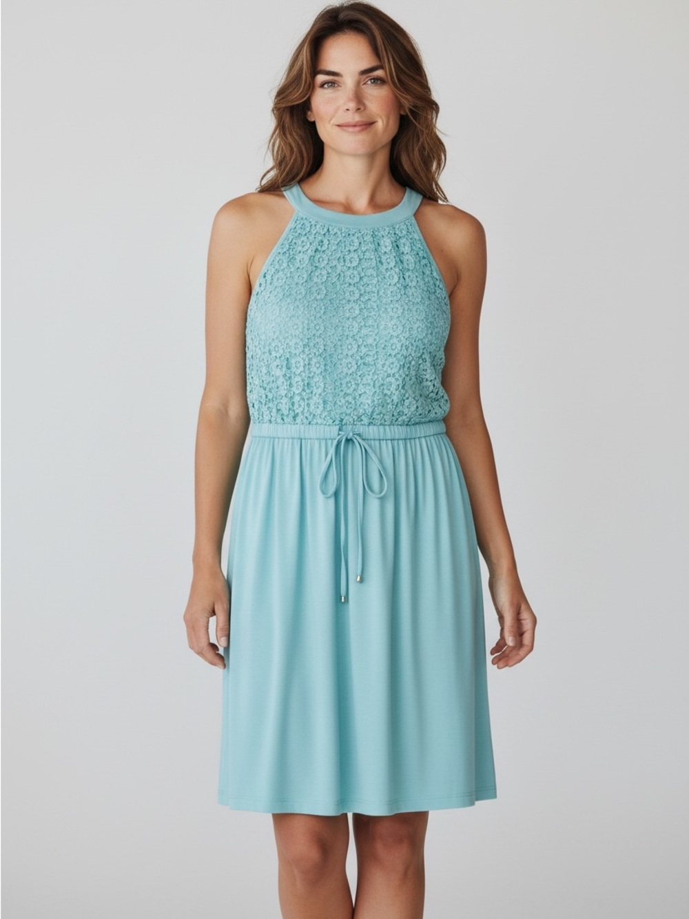 Calvin Klein Aqua Crochet Halter Midi Dress